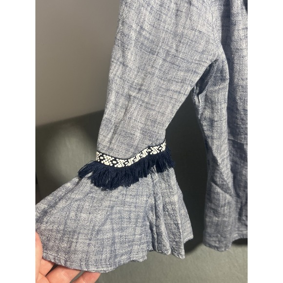 Style & Co Women's Size S Light Blue Linen Blend Off Shoulder Tassel Bell Sleeve - Picture 2 of 5